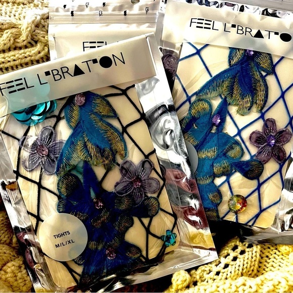 𝅺PURPLE BLUE AND GOLD FLORAL EMBROIDERED FISHNETS WITH SEQUINS AND RHINESTONES - Picture 5 of 7